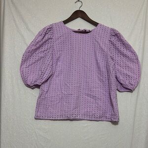 Purple Eyelet Relaxed Blouse with Puff Sleeves and Tie at back